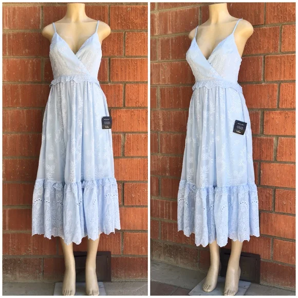 LAST ONE❗Lulu's Vintage Feminine Chic Powder Blue Embroidered Eyelet Midi Dress - Picture 9 of 10